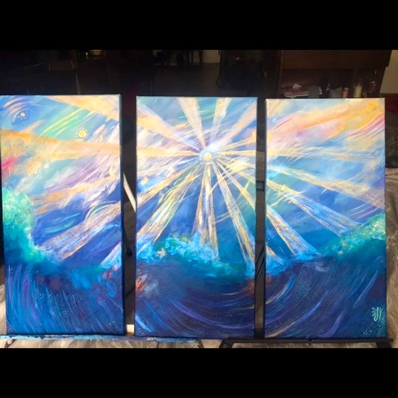 Textured Oceanscape Art | Abstract Blue & White Wall Art Iridescent Oceana Triptych Painting